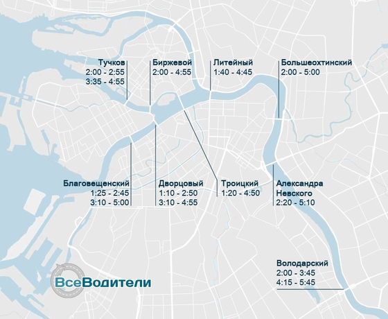 Карта разводки мостов в СПб на 2017 год